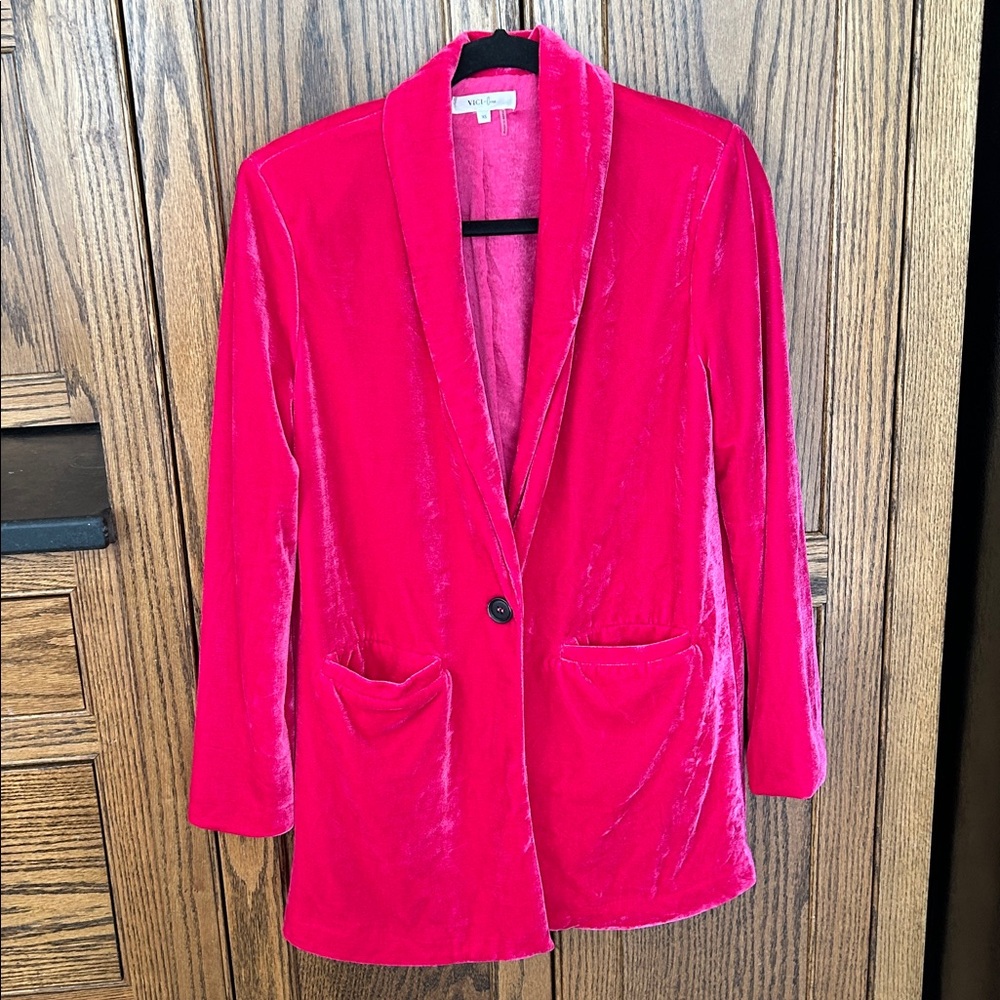 Vici x Gina Pink Velvet Chicest Pocketed Blazer in Fuchsia Hot Pink Longline XS - Picture 4 of 9